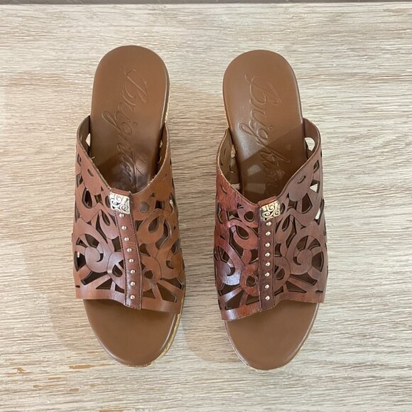 Brighton Sandals 6 Daria Brown Leather Silver Charm Woven Platform Wedge Slide - Picture 8 of 11